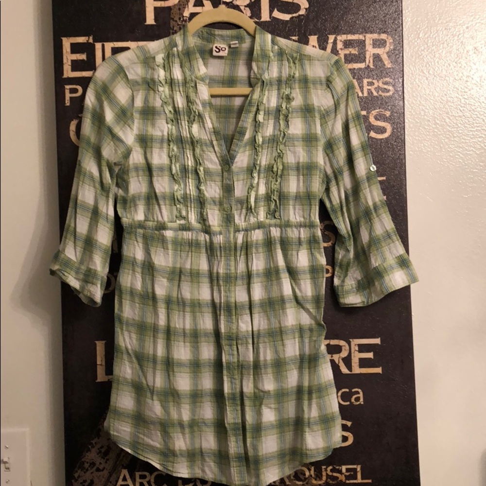 💐Green White Plaid Empire Button Down Shirt